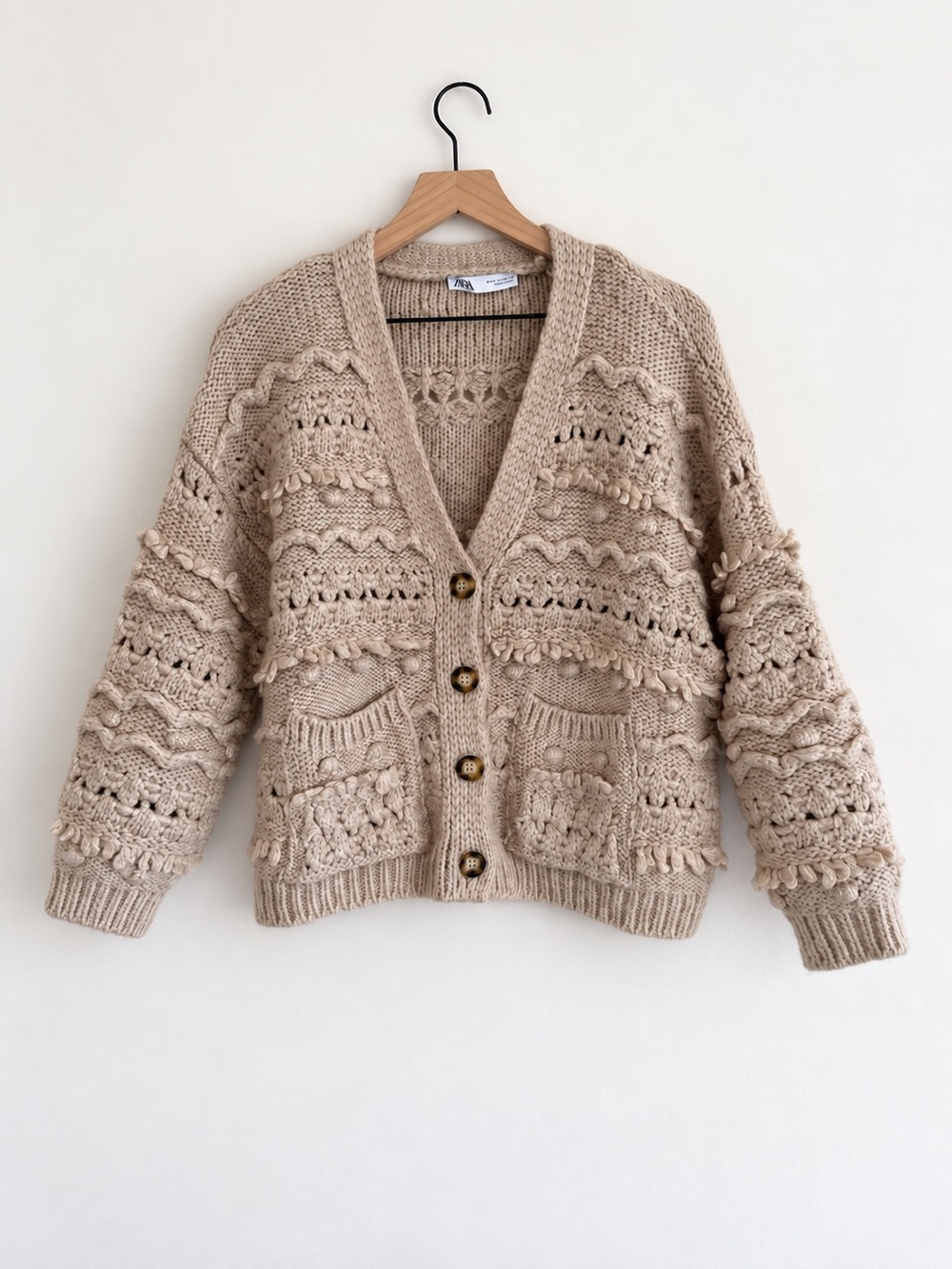 Zara Oversized Textured Wool Mohair Chunky Cardigan Beige M